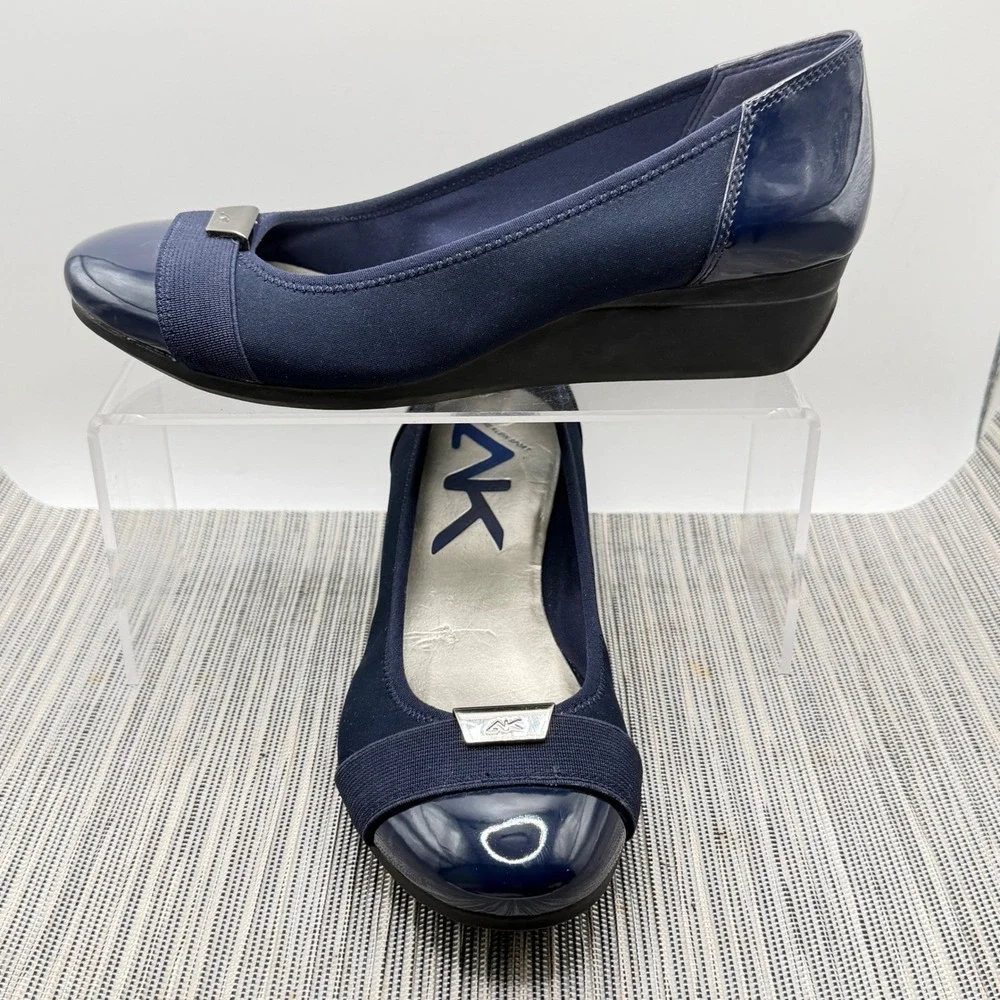 Anne Klein Sport Birta Navy Blue Wedge Pumps Size 6.5 Patent Cap Toe Low Heel